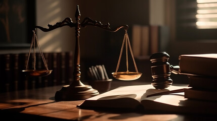 International human rights day concept: Wooden judge gavel with scales on the library,
Gold brass balance scale, weight balance, imbalance scale  wooden desks,
 Law and Justice concept:  Generative AI - obrazy, fototapety, plakaty