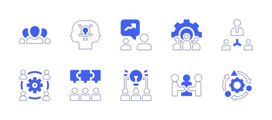 Teamwork icon set. Duotone style line stroke and bold. Vector illustration. Containing team, coworking, discussion, workshop, solution, idea, intermediary, adapt.