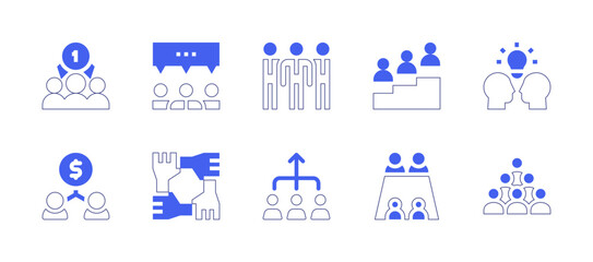 Teamwork icon set. Duotone style line stroke and bold. Vector illustration. Containing teamwork, discussion, team, stairs, mutual, meeting, crowd.