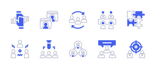 Teamwork icon set. Duotone style line stroke and bold. Vector illustration. Containing together, videocall, teamwork, meeting, puzzle, mediator, experiments, chat, goal.