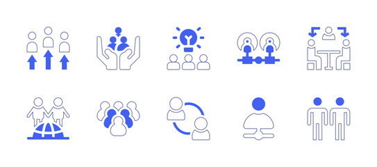 Teamwork icon set. Duotone style line stroke and bold. Vector illustration. Containing teamwork, brainstorming, network, intermediary, partnership, team work, leadership, people.