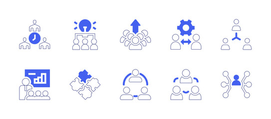 Teamwork icon set. Duotone style line stroke and bold. Vector illustration. Containing team management, brainstorm, improvement, teamwork, spokesperson, puzzle, team, group.