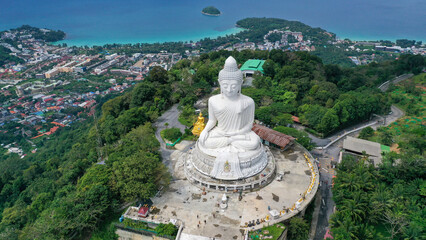 Aerial view Big Buddha of Phuket Thailand Height: 45 m. Reinforced concrete structure adorned with...