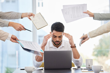 Business man, stress and demand in office with headache, anxiety and fatigue of challenge. Burnout, deadline and frustrated male worker with bad time management, chaos and depression of mental health