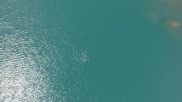 Aerial drone view of man swimming in glacier alpine lake, exploring the Swiss Alps on a sunny day