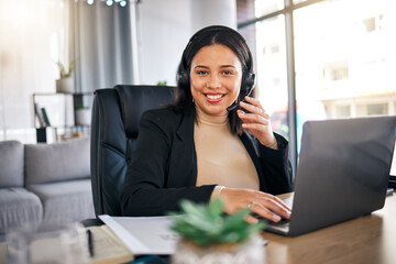 Happy woman, call center and laptop with headphones in remote work for customer service or support at home office. Friendly female person, consultant or freelance agent smile in online advice or help - obrazy, fototapety, plakaty