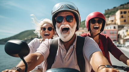 Ein glückliches Ehepaar auf einem Motorroller am Mittelmeer im Urlaub