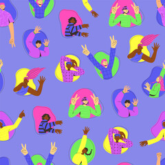 Fototapeta premium Vector set of six young women in trendy colorful flat style. Funny character. Student in school or university. International day of young people. Ideal for gift paper
