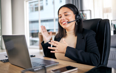 Business woman, call center and laptop in video call for consulting, telemarketing or customer...