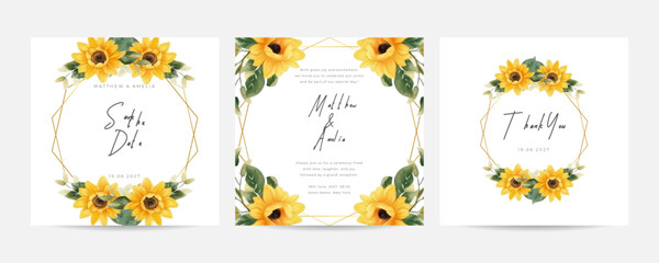 Elegant wedding card with yellow sunflowers template. Romantic hand drawn floral wedding invitation card set