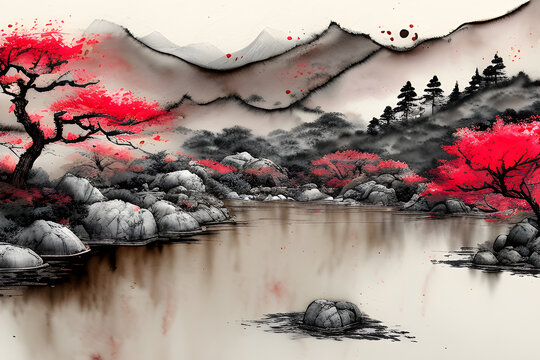 sepia ink wash rocks pond plum trees pine trees and mountains