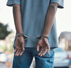 Hands, handcuffs and man criminal in city arrested for crime, corruption or justice with jail....