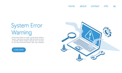 Landing page template system error warning on laptop screen. Isometric vector. - obrazy, fototapety, plakaty