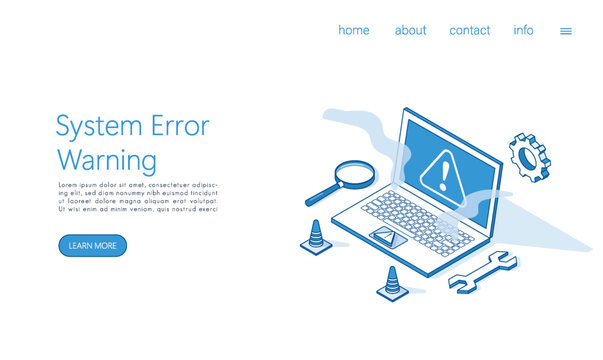 Landing page template system error warning on laptop screen. Isometric vector.