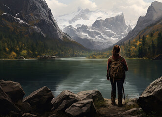 hiker standing on a trail before a lake with beautiful landscape with mountains, clouds and lake