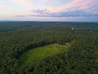 Case Mountain in Manchester CT Golden Hour Sunset at Summit Wide Shot Aerial