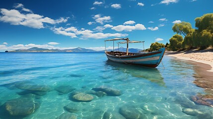 美しい海の海岸付近に浮かぶ小舟