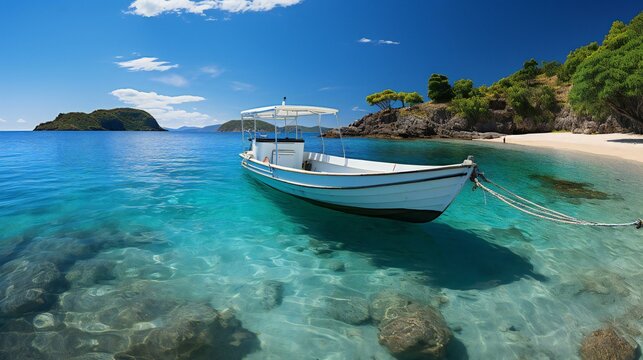 美しい海の海岸付近に浮かぶ小舟