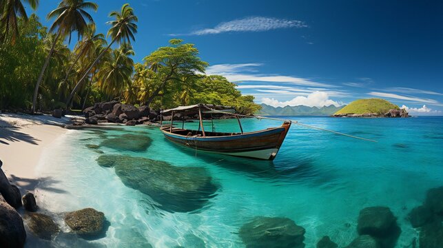美しい海の海岸付近に浮かぶ小舟