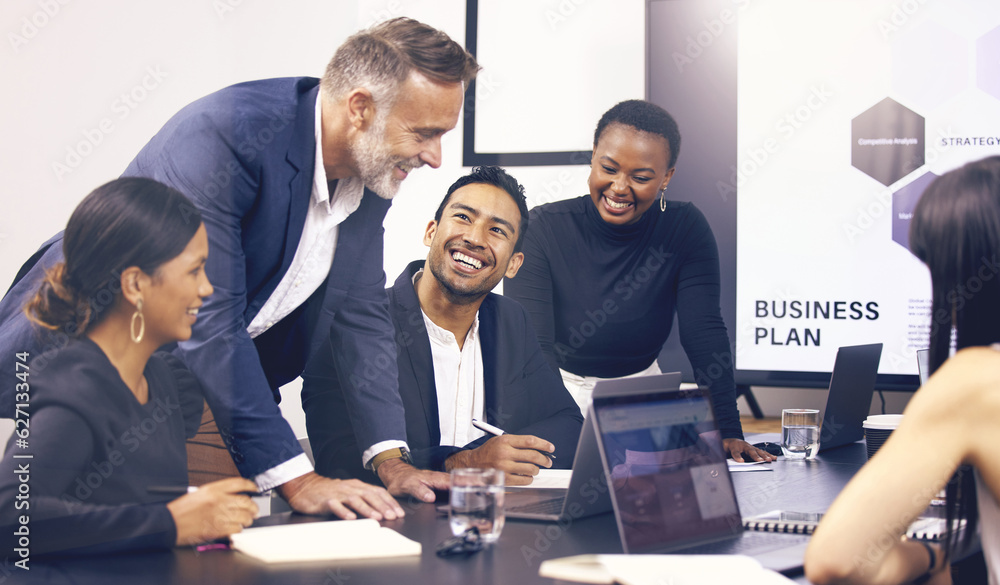 Poster collaboration, meeting and planning with a business team laughing in the boardroom during a strategy