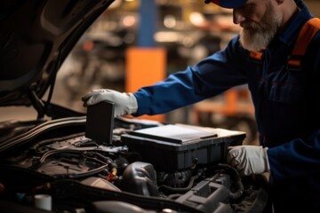 Obraz premium a car mechanic in a service center picking up a new battery to replace the car. for cars that use the service Replace the battery at the store