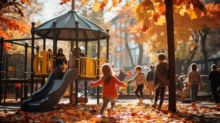 Children happily explore playground, slides, swings, fun