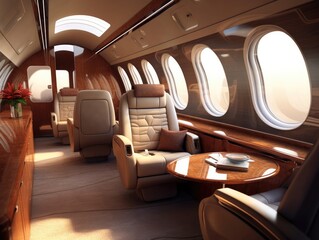 Fototapeta premium In the luxury interior of the modern private business jet with leather seats and tables, sunlight shines through windows. Generative AI