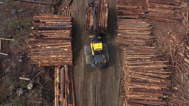 Timber Transport: Drone Captures Forwarder Unloading Logs