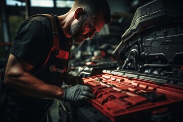a car mechanic in a service center picking up a new battery to replace the car. for cars that use the service Replace the battery at the store - obrazy, fototapety, plakaty