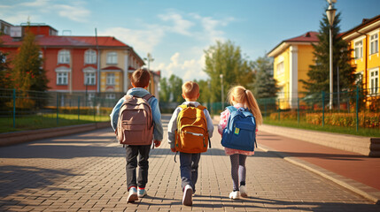Group of schoolboy with backpacks on their way to school. Back to school concept. 