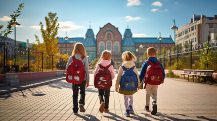 Obraz premium Group of schoolboy with backpacks on their way to school. Back to school concept. 