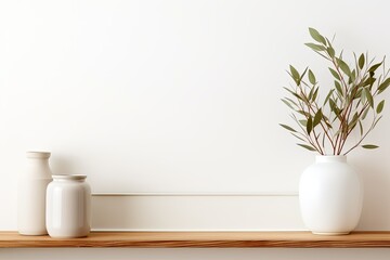 Home decoration items, such as vases, succulent plants, and branches, are placed on a wooden shelf positioned against a white wall. A banner with ample blank space is present for adding text.