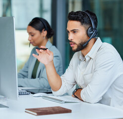 Business man, call center pc and web support communication at a computer in a office. Phone...