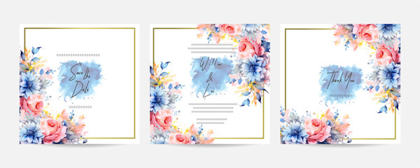 Flowers and leaves watercolor wedding invitation card with text layout. Blue peony flowers wedding card invitation.