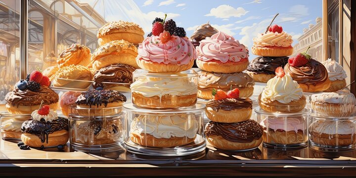 lots of cakes and bakery, oil painting, generative AI