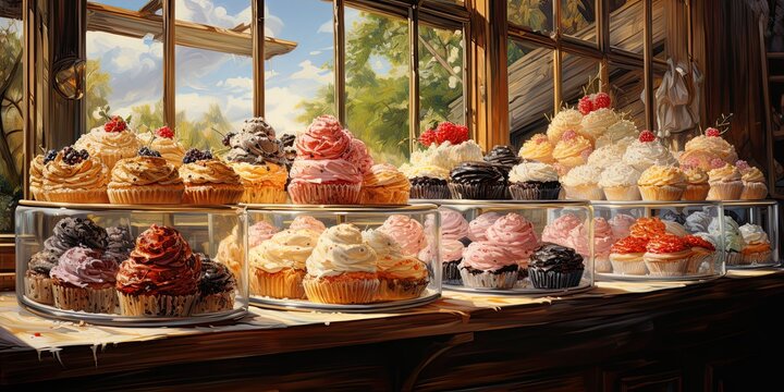 lots of cakes and bakery, oil painting, generative AI