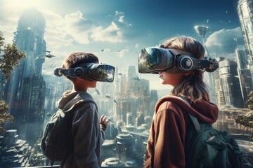 Obraz na płótnie Canvas A boy and girl wearing VR headset user, surreal world and virtual reality, colorful flowers fields. Generative AI