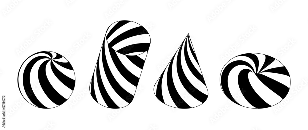 Poster set of 3d shapes with stripes. black and white cone, cylinder, sphere and torus design elements for 