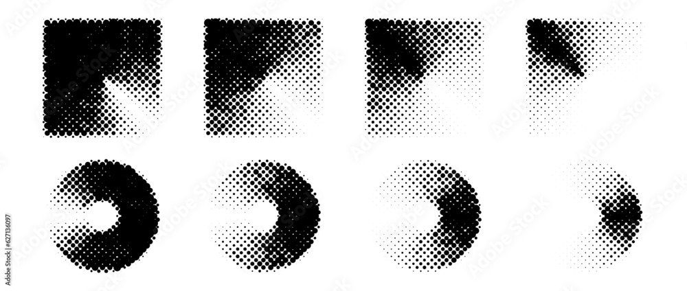 Aufkleber Halftone circle and square shapes set. Dotted round and rectangle texture collection. Round fading gradient in comic and pop art style. Black design elements bundle. Pixelated background pack. Vector