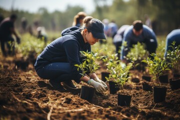 Volunteering. Young people volunteers outdoors reforestation. Generative AI - obrazy, fototapety, plakaty