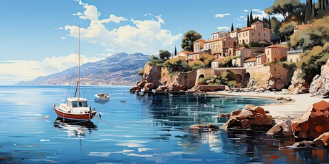illustration of Europe coastal line village in painting style by generative AI