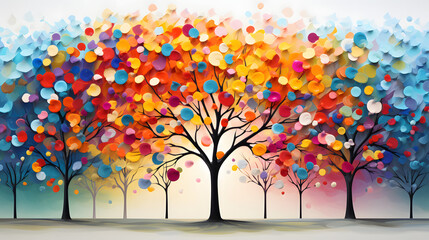 Colorful tree with leaves on hanging branches illustration background. 3d abstraction wallpaper . Floral tree with multicolor leaves 
 - obrazy, fototapety, plakaty
