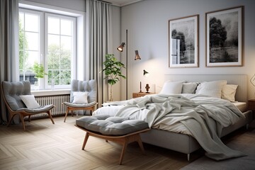 In a Scandinavian-themed bedroom, there is a chic chair positioned beside a cozy king size bed.