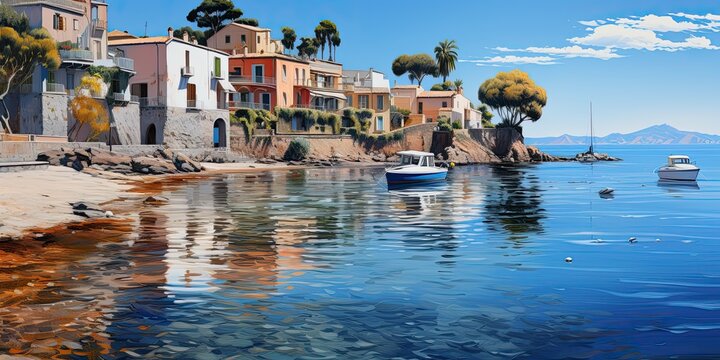 illustration of Europe coastal line village in painting style by generative AI