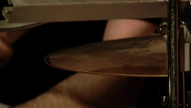 Drummer Playing Drum Kit at Sound Recording Studio. Close Up. 