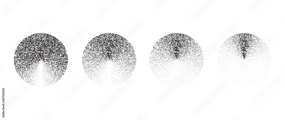 Poster Set of textured gradient circles. Black dotted disk collections. Stippled round elements pack. Fading noise grain dotwork shapes. Halftone effect illustrations bundle. Vector 