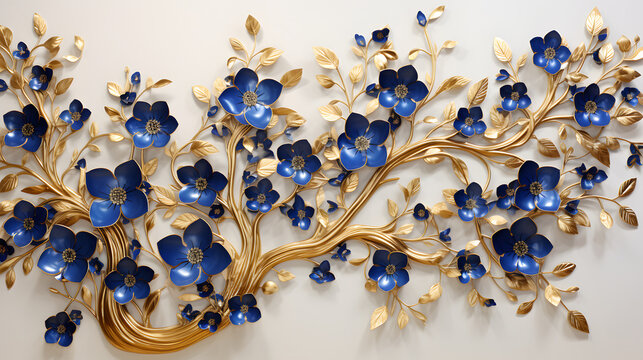 Elegant Gold And Royal Blue Floral Tree With Leaves And Flowers Hanging Branches Illustration Background. 3D Abstraction Wallpaper For Interior 
