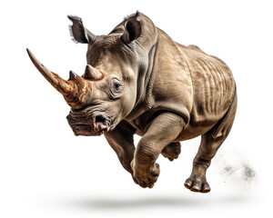 a rhinoceros jumping on isolate white background Generative ai - obrazy, fototapety, plakaty