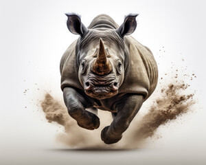 a rhinoceros jumping on isolate white background Generative ai - obrazy, fototapety, plakaty