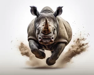 Foto op Plexiglas anti-reflex a rhinoceros jumping on isolate white background Generative ai © sakepaint